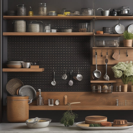 A sleek, modern kitchen with a wall-mounted pegboard holding a utensil organizer, a set of hanging pots, and a spice rack, surrounded by a tidy countertop and a few artfully arranged cookbooks.