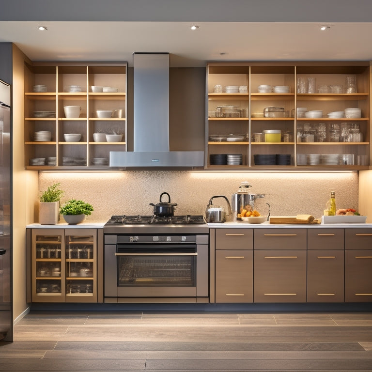 A sleek, modern kitchen with floor-to-ceiling cabinets featuring pull-out drawers, rotating spice racks, and adjustable shelves, illuminated by soft, warm LED lights and a large, central island with built-in utensil organizers.