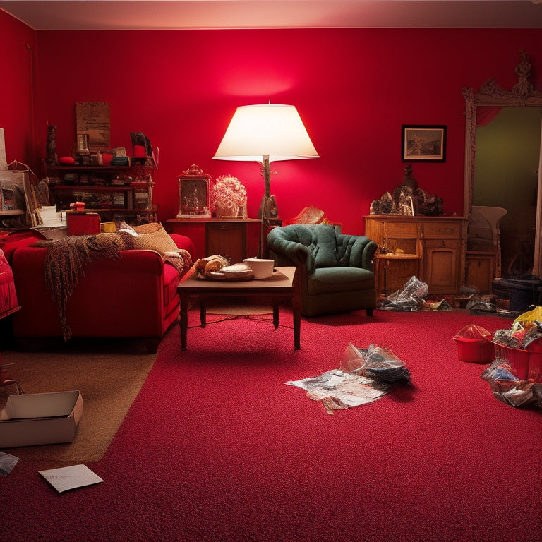 A dimly lit, cluttered living room with a "For Sale by Owner" sign on the wall, surrounded by dusty furniture, overflowing trash cans, and a broken lamp, with a faint "SOLD" sign in the background, crossed out in red.