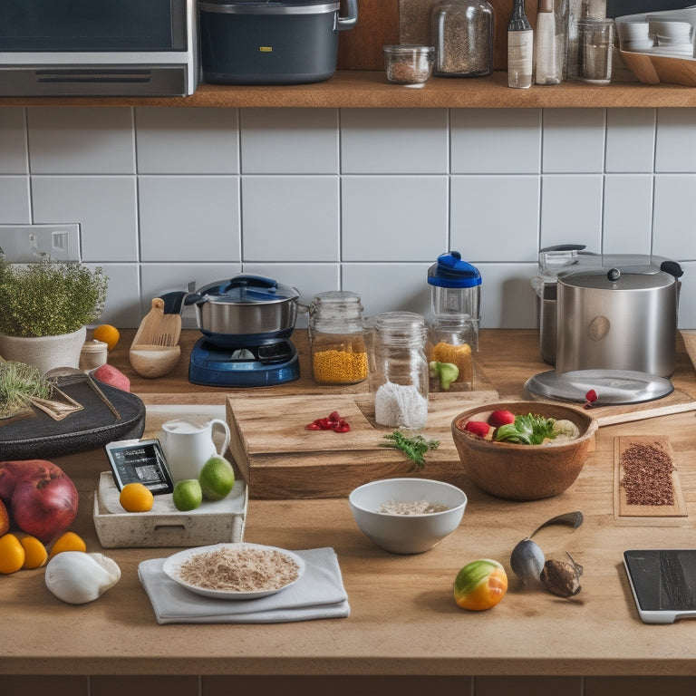 A cluttered kitchen counter with multiple Android devices displaying different kitchen storage apps, surrounded by scattered cookbooks, utensils, and ingredients, with a faint image of a organized kitchen in the background.