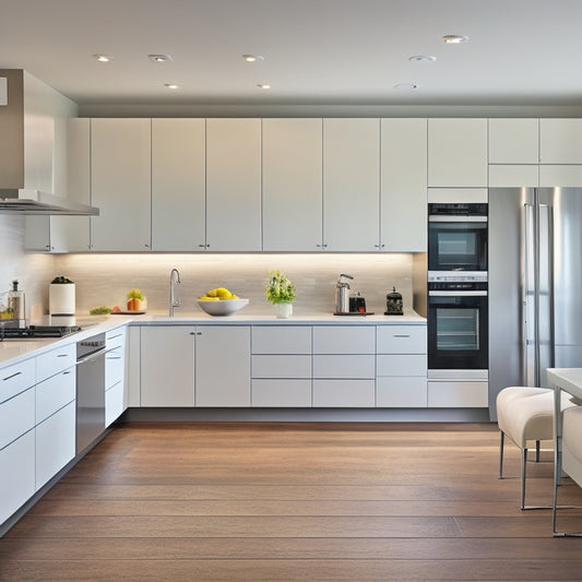 A minimalist, modern kitchen with sleek white cabinets, dark hardwood floors, and stainless steel appliances, featuring a large island with a built-in cooktop and a floor-to-ceiling storage unit.