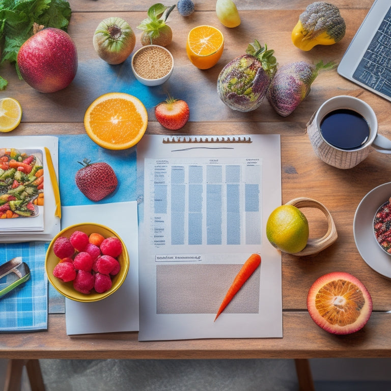 A colorful, organized desk with a laptop, a cup of steaming coffee, and a scattering of vegan meal planning papers, including a calendar, grocery lists, and recipe printouts, surrounded by fresh fruits and vegetables.