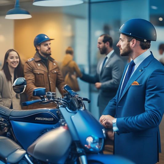 A confident motorcyclist, with helmet under arm, stands in a dealership showroom, surrounded by sleek bikes, firmly shaking hands with a salesman, amidst a backdrop of blurred price tags and scattered paperwork.