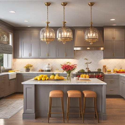 A sleek, modern kitchen with warm, honey-colored custom cabinets featuring ornate metal hardware, surrounded by gleaming quartz countertops, stainless steel appliances, and a large center island with pendant lighting.