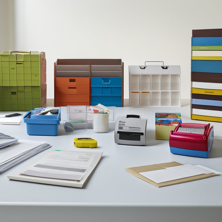 A tidy desk with a label maker, rolls of colored labels, and a few neatly labeled folders, binders, and storage bins, set against a clean white background with slight shadows.