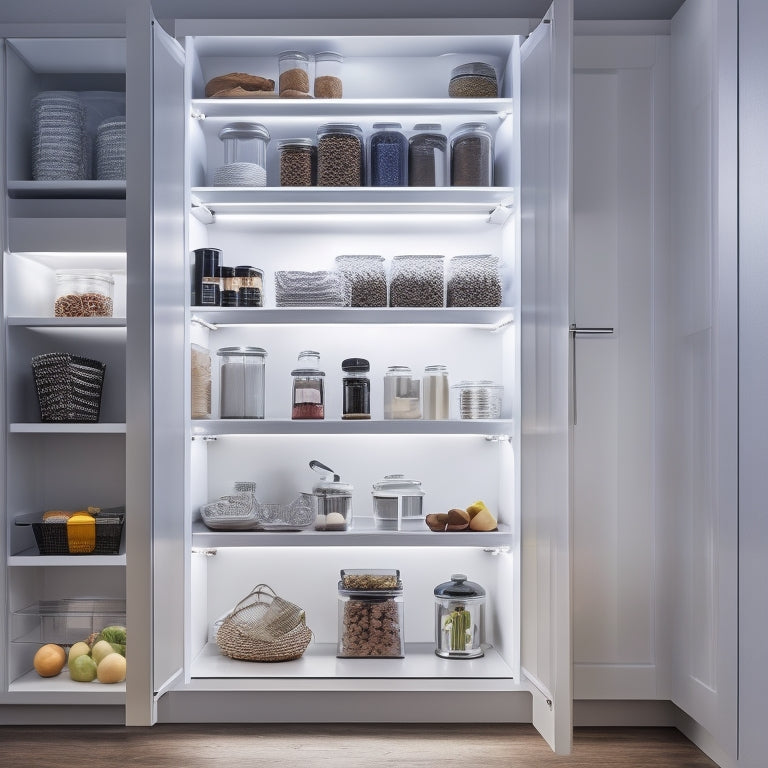 A modern pantry with sleek white cabinets, illuminated by soft LED lighting, featuring a wall-mounted bracket system with adjustable shelves and baskets, showcasing organized storage of kitchen essentials.