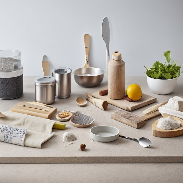 A tidy kitchen counter with a wooden utensil organizer, holding a variety of utensils, alongside a few rolled-up printable templates and a pair of scissors, on a light gray background.