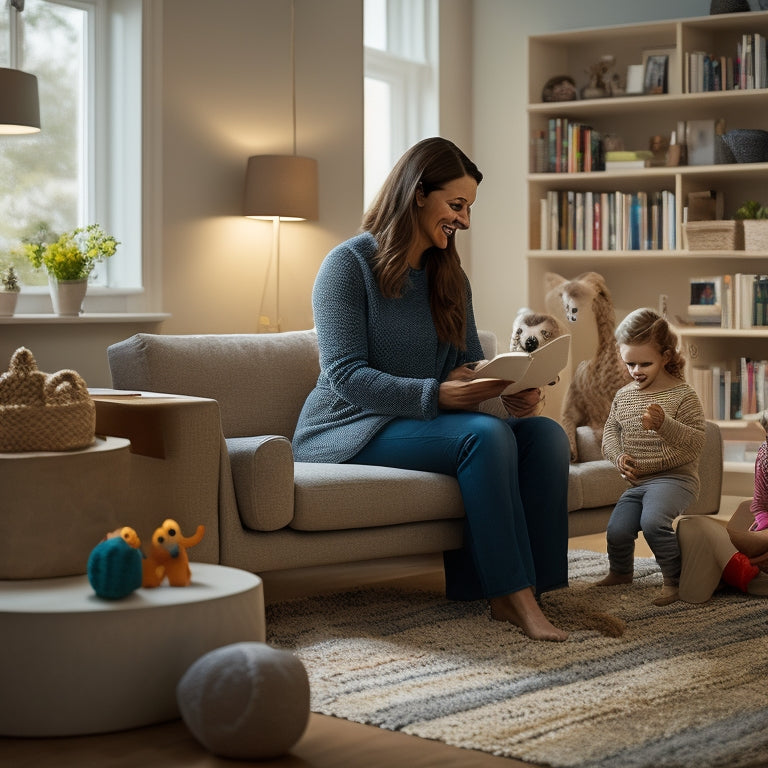 A serene, well-lit living room with a few, carefully selected toys and books on a minimalist shelving unit, surrounded by a tidy play area and a calm, smiling mother reading to two happy children.