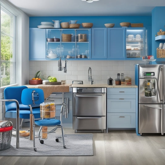 A bright, modern kitchen with adjustable shelving, grab bars, and a wheelchair-accessible island, featuring a utensil organizer with large grips and a pull-out trash can with a touchless sensor.