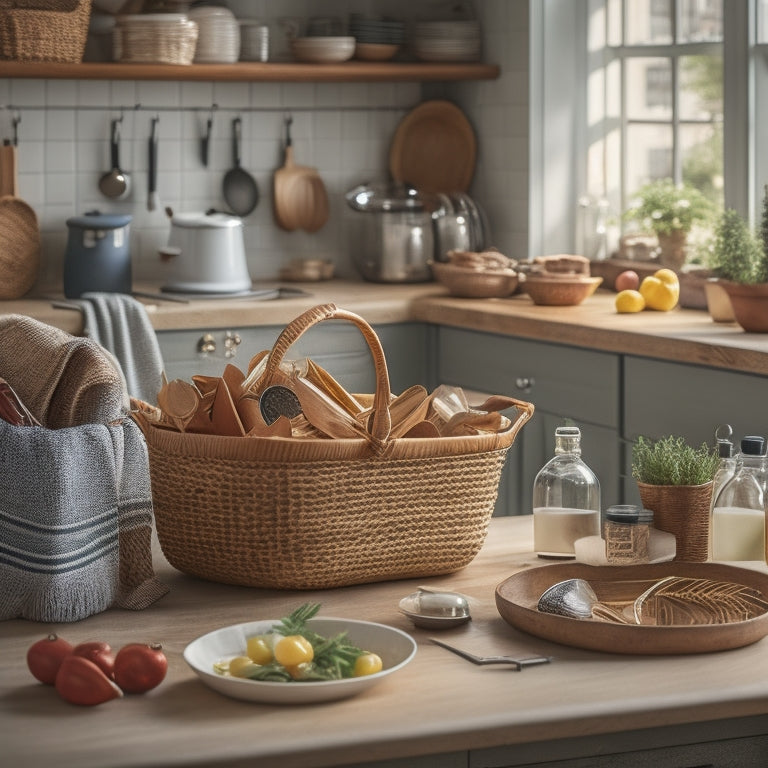 A cluttered kitchen counter with scattered utensils, open packets, and appliances, contrasted with a tidy section featuring woven storage baskets in natural materials, containing neatly organized items.