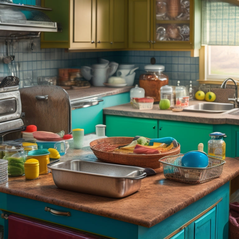 A messy kitchen with countertops cluttered with appliances, dirty dishes, and expired food, amidst a backdrop of worn-out cabinets and a sink filled with soap suds.