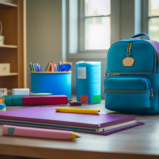 A serene and organized desk with a neatly arranged backpack, a few colorful pens, and a single, opened planner, set against a blurred background of a busy school hallway.