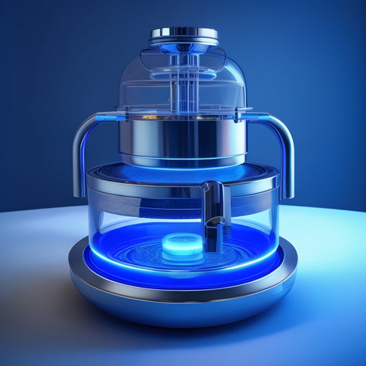 A futuristic deep fryer with a transparent oil tank, surrounded by sleek silver pipes and glowing blue accents, with a large, spiral-shaped oil filter dominating the center, emitting a soft, pulsing light.