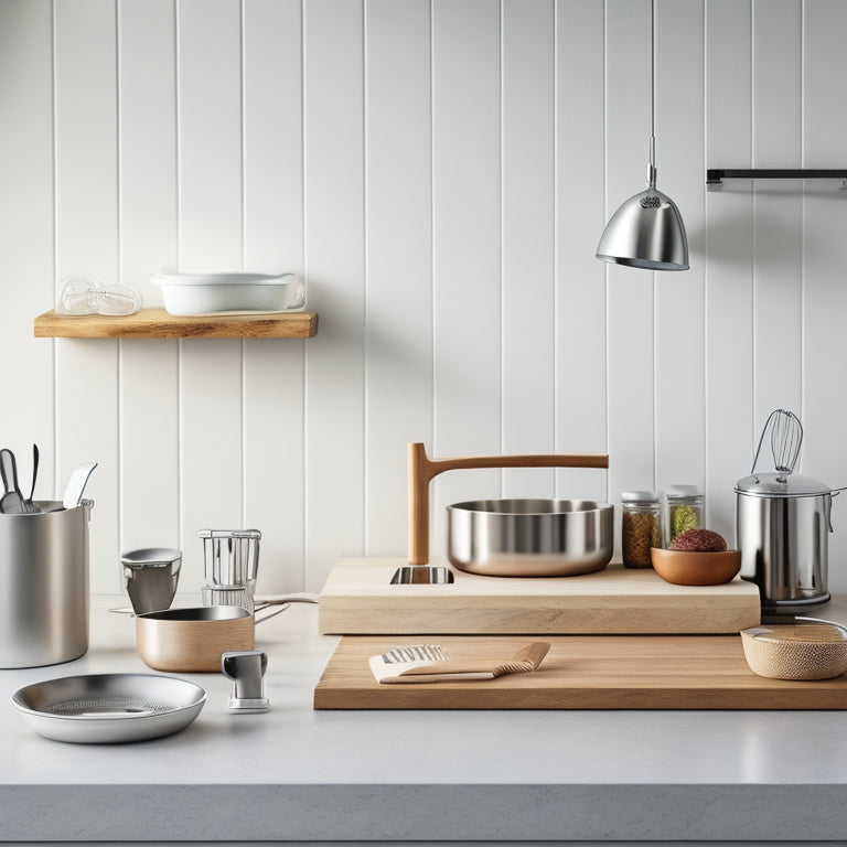 A tidy, minimalist kitchen countertop with a stainless steel utensil holder, a wooden cutting board, a standing kitchen mixer, a set of ceramic canisters, and a few strategically placed, gleaming kitchen gadgets.