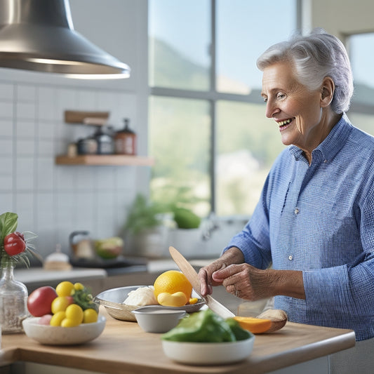 An older adult with a gentle smile, standing in a bright kitchen, confidently holding an adaptive utensil, surrounded by healthy ingredients and a partially prepared meal, with a subtle sense of independence.