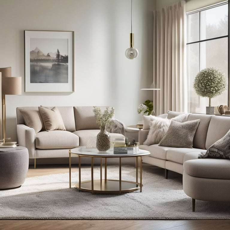 A serene, modern living room with a sectional sofa, coffee table, and floor lamp, all with subtle Home Decorators Collection branding, surrounded by calming neutral tones and natural light.