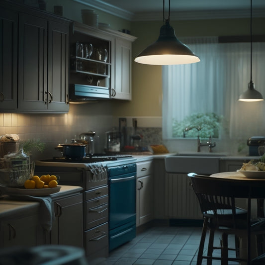 A dimly lit, cramped kitchen with outdated appliances, cluttered countertops, and a single, flickering light bulb hanging from the ceiling, contrasting with a faint, blurred vision of a bright, modern kitchen in the background.