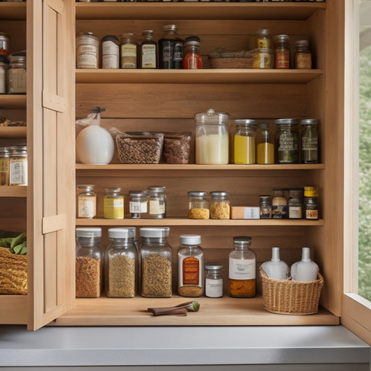 A bright, organized pantry drawer with graduated dividers, a lazy Susan, and baskets containing labeled spices, oils, and condiments, illuminated by soft, natural light filtering through a nearby window.