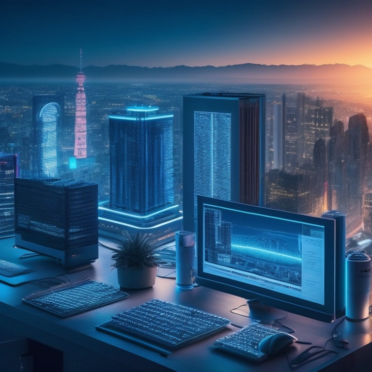 A futuristic, neon-lit cityscape at dusk with a 3D modeling workstation in the foreground, surrounded by floating 3ds Max icons and glowing blueprints, with a subtle grid pattern in the background.