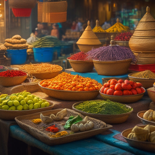 A vibrant, bustling Asian market scene with steaming baskets of dumplings, pyramids of exotic spices, and intricately arranged displays of fresh produce, against a warm, golden-lit background.