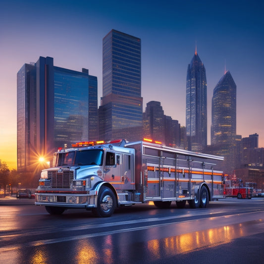 A futuristic fire station with sleek, silver equipment, a massive, gleaming fire truck, and a team of firefighters in reflective gear, standing proudly in front of a cityscape at sunset.