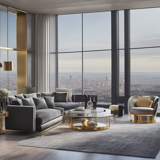 A luxurious living room with a grand staircase, floor-to-ceiling windows, and a sleek cityscape view, surrounded by sleek, modern furniture and subtle gold accents, conveying exclusivity and sophistication.