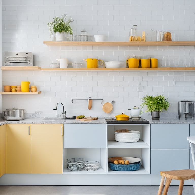 A bright, modern apartment kitchen with sleek countertops, a compact island, and a wall-mounted pegboard displaying utensils, pots, and a foldable step stool, amidst a minimalist aesthetic.