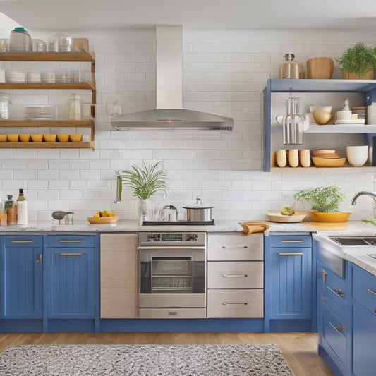 A bright, modern kitchen with sleek countertops, featuring a pull-out spice rack, a hanging utensil organizer, and a tiered cooking station with a built-in knife block and recipe holder.