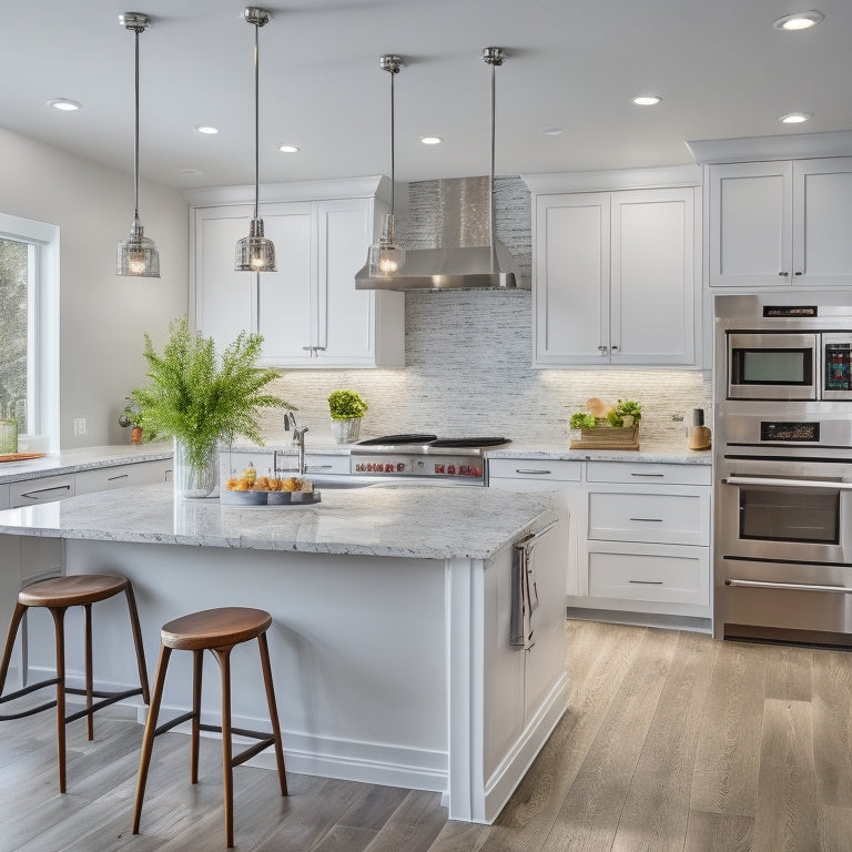 A bright, modern galley kitchen with sleek white cabinets, stainless steel appliances, and a central island featuring a built-in cooktop, surrounded by a U-shaped countertop and pendant lighting.