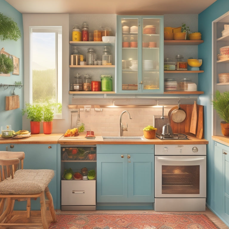 A clutter-free tiny kitchen with a wall-mounted pot rack, a slide-out spice organizer, and a compact refrigerator with a magnetic board on the side, surrounded by natural light.