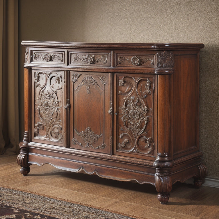 A beautifully crafted wooden sideboard with a rich cherry wood finish, adorned with ornate carvings, standing on slender legs, set against a warm, neutral-colored background with subtle wood grain texture.