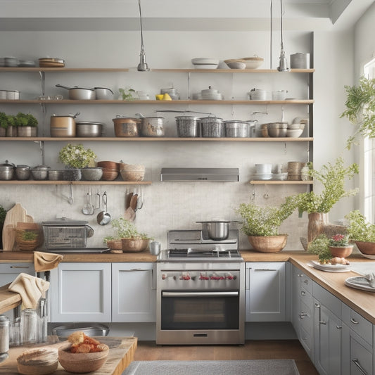 A tidy kitchen with a stainless steel island at center, surrounded by organized utensils, ingredients, and cookbooks on open shelves, with a few gleaming pots and pans hanging from the ceiling.