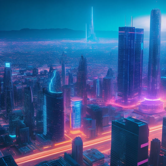 A futuristic, neon-lit cityscape with sleek skyscrapers, holographic screens, and levitating comic book pages, surrounded by glowing coding symbols and digital circuitry patterns.
