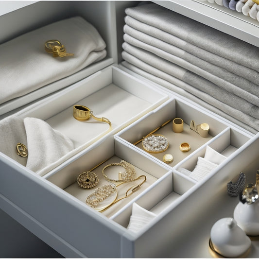 A minimalist, white drawer interior with custom-fit, velvet-lined organizers in various shapes and sizes, holding neatly arranged clothes, accessories, and jewelry, illuminated by soft, warm lighting.