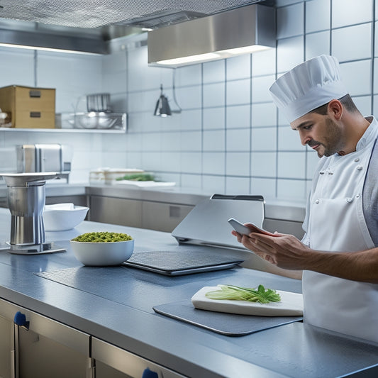 A clean and organized commercial kitchen with stainless steel countertops, a chef in a white apron and hat, and a tablet with a checklist open on the counter, amidst utensils and ingredients.