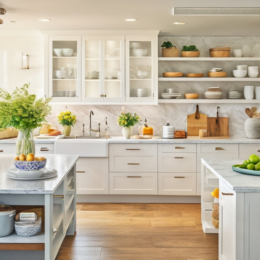 A bright, modern kitchen with sleek countertops, white cabinets, and a large island, featuring an open shelf with neatly arranged cookbooks, a few decorative vases, and a tablet displaying a kitchen storage app.