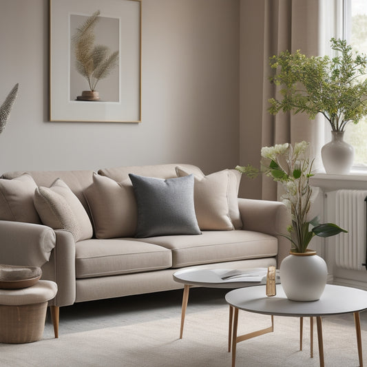 A serene, well-lit living room with a neutral beige sofa, a vase with fresh greenery, and a few carefully placed decorative objects on a minimalist coffee table, against a backdrop of soft, creamy walls.