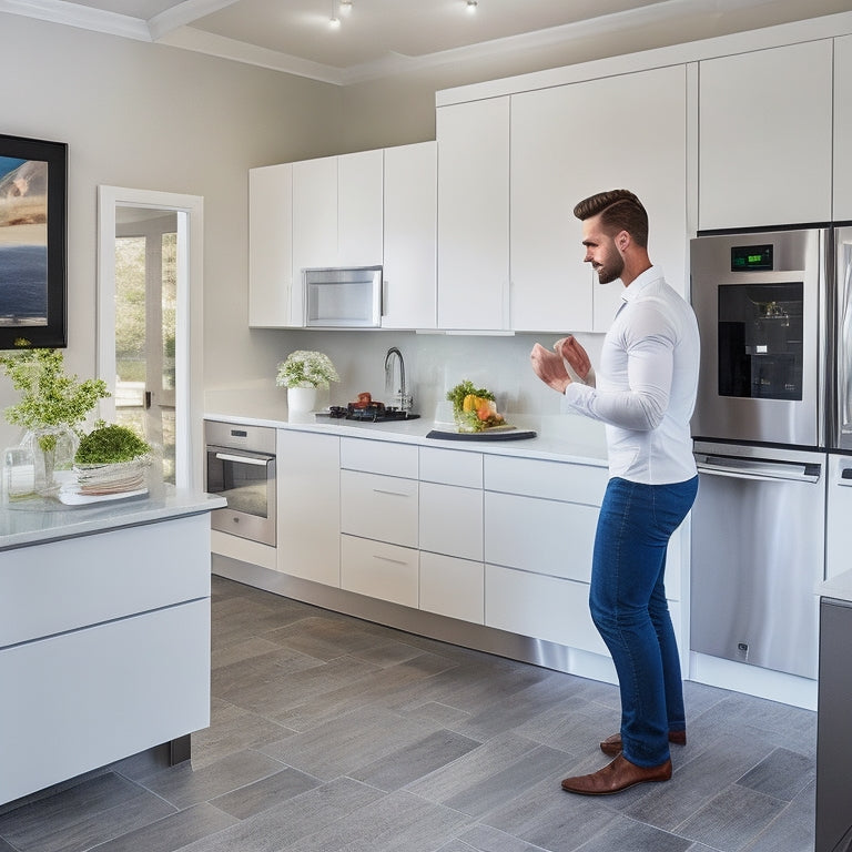 A bright, modern kitchen with sleek white cabinets, rich wood floors, and stainless steel appliances, featuring a skilled designer in a crisp white shirt and black pants, gesturing to a 3D design on a large tablet.