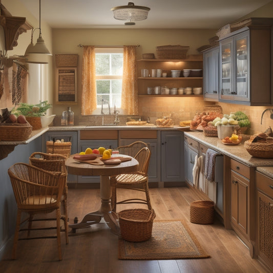 A warm, well-lit kitchen with a senior-friendly layout: a neatly organized pantry with labeled baskets, a wheelchair-accessible island, and a utensil holder with ergonomic grips.