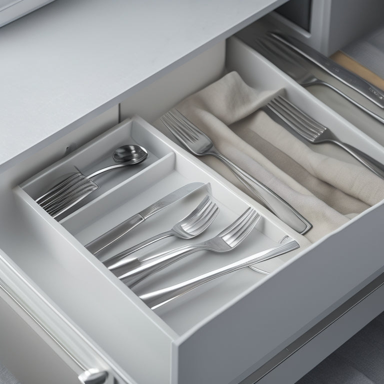 A modern kitchen drawer with a sleek, silver cutlery organizer containing neatly arranged utensils, including forks, knives, and spoons, amidst a subtle background of soft, white light.