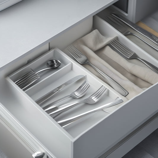 A modern kitchen drawer with a sleek, silver cutlery organizer containing neatly arranged utensils, including forks, knives, and spoons, amidst a subtle background of soft, white light.