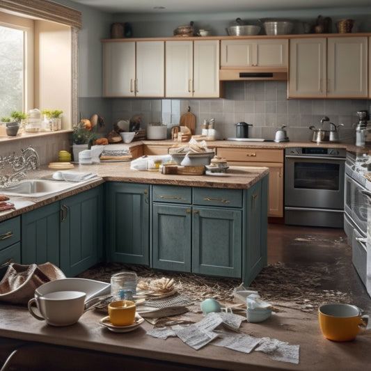 A cluttered kitchen design with mismatched cabinets, awkwardly placed appliances, and a jumbled mess of countertops, surrounded by crumpled up papers and discarded coffee cups, with a frustrated designer in the background.