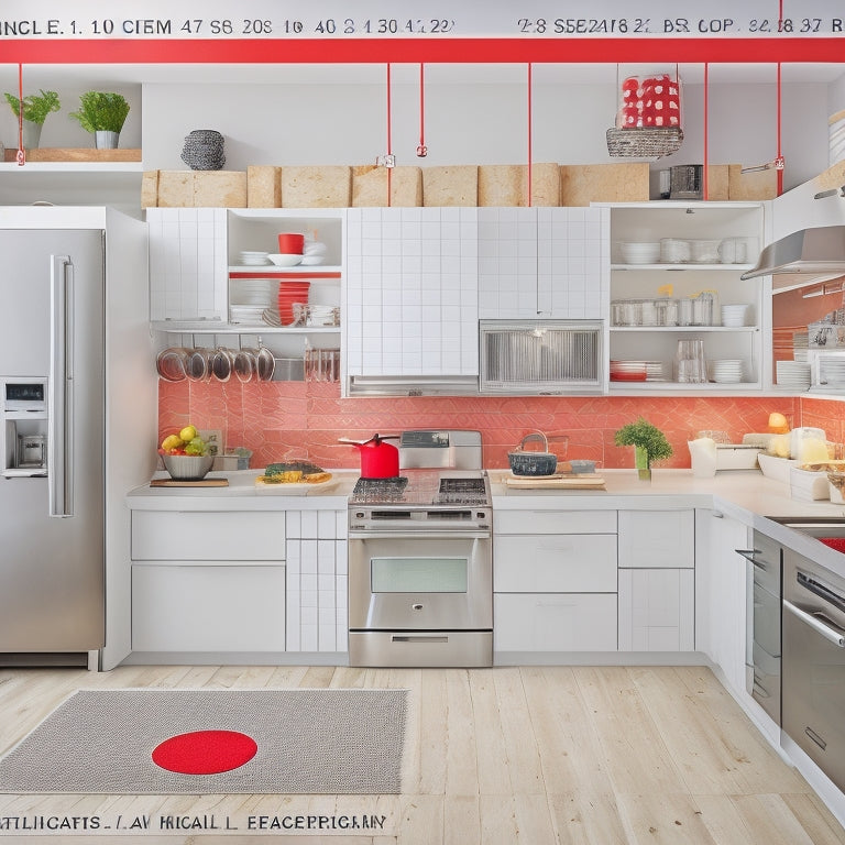 A bright, modern kitchen with a large, white island in the center, featuring a sink, stove, and refrigerator, surrounded by various kitchen layouts with measurements annotated in red lines and dots.