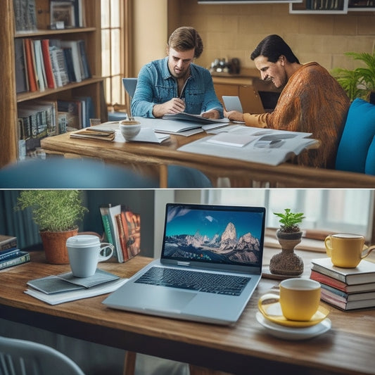 A split-screen image featuring a person sitting at a desk with a laptop and papers, surrounded by books and coffee cups, on one side, and a well-organized online course platform on a tablet on the other.