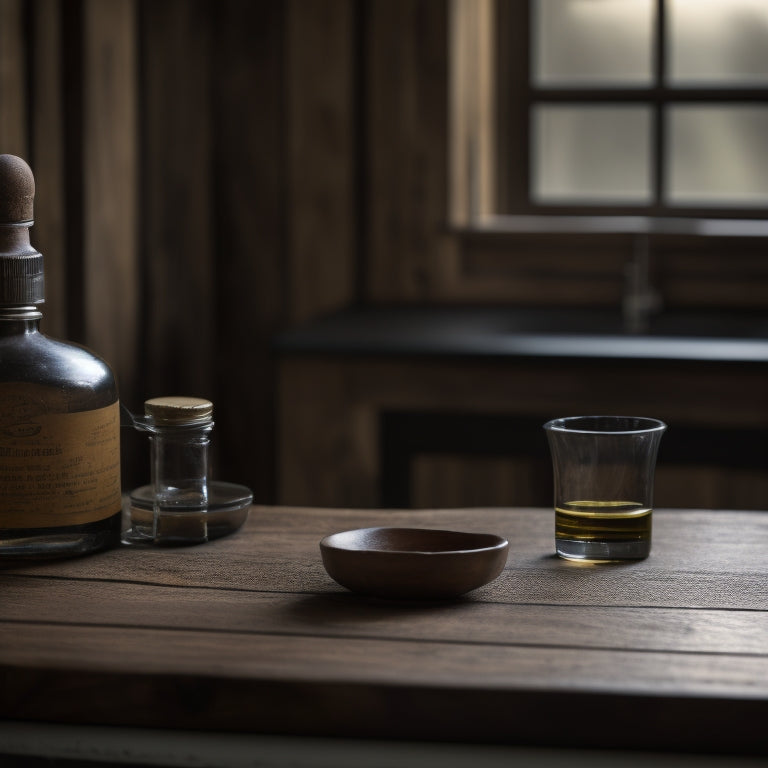 A well-lit, rustic wooden countertop with rich, dark wood grain, partially covered with a faint sheen of tung oil, alongside a small, wooden oil can and a clean, white cloth.