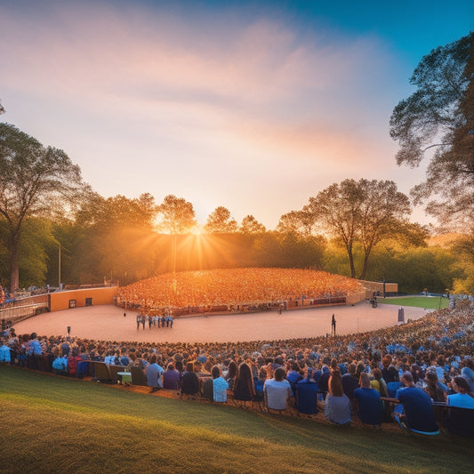 A sun-kissed Cuthbert Amphitheater at dusk, with a vibrant stage setup, lush greenery, and a bustling crowd of diverse people mingling and socializing, amidst twinkling string lights and a warm, golden glow.