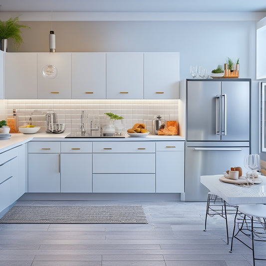 A modern kitchen with sleek, white cabinets, stainless steel appliances, and a large island, surrounded by a faint grid pattern, with virtual IKEA furniture icons hovering above the countertops.