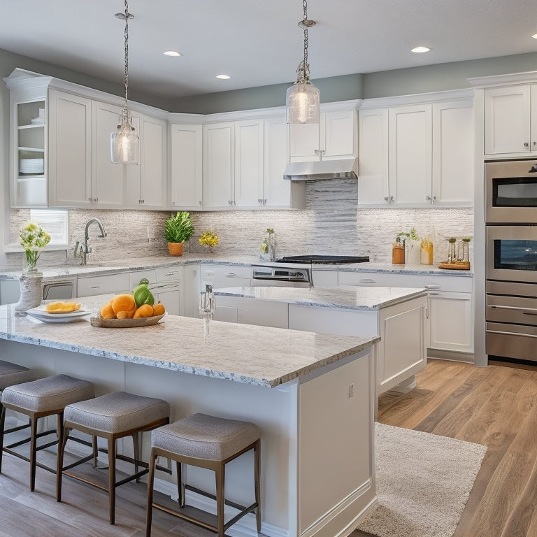 A bright, modern kitchen with sleek white cabinets, granite countertops, and stainless steel appliances, featuring a large island with a built-in sink and pendant lighting above.