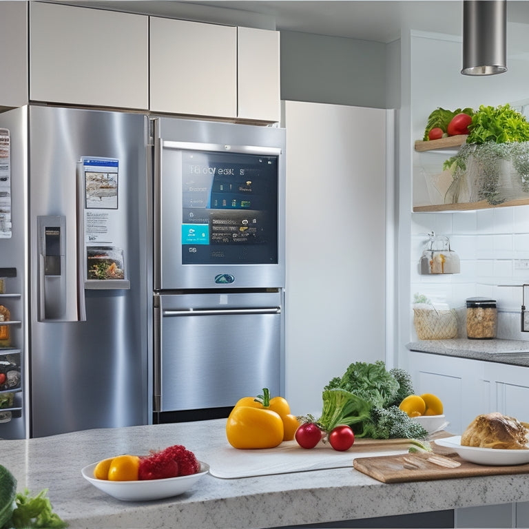 A tidy college kitchen with a laptop open to a meal planning app, a smartphone displaying a grocery list, and a smart refrigerator with a digital calendar on the door.