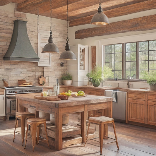 A warm and inviting farmhouse kitchen with exposed wooden beams, rustic brick backsplash, and a large wooden island with metal pendant lights hanging above, surrounded by lush greenery.